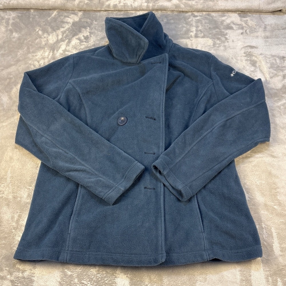 Columbia Womens XL Navy Blue Fleece Pea Coat Double Breasted Funnel Neck Jacket